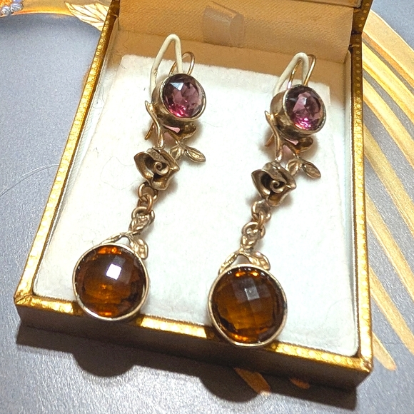 Art Nouveau Long Bronze Paste Stone Earrings - Picture 2 of 6